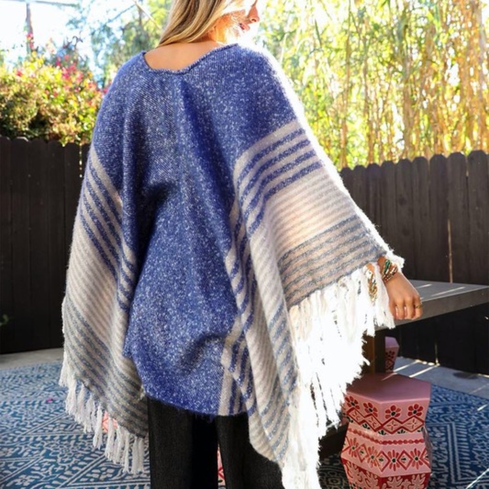 028 Cozy Boho Striped Tassel Shawl Wrap Poncho - Picture 2 of 3
